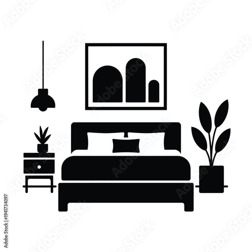 Minimalist bedroom interior illustration featuring a bed plants and wall art