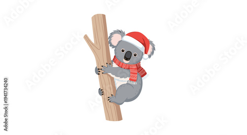 A charming cartoon koala with grey fur and a festive red Santa hat clings tightly to a sturdy brown tree branch against a pristine white background.