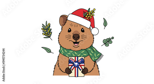 A cheerful cartoon quokka in a Santa hat and green scarf holds a gift box, surrounded by wattle and eucalyptus leaves.