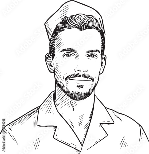 Hand Drawn Man as Nurse Black and White Avatar Illustration in Minimal Line Art Style Design