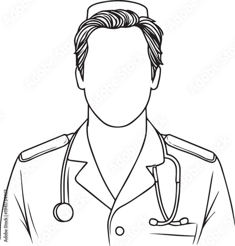 Hand Drawn Man as Nurse Black and White Avatar Illustration in Minimal Line Art Style Design
