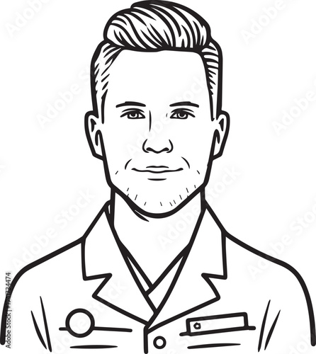 Hand Drawn Man as Nurse Black and White Avatar Illustration in Minimal Line Art Style Design