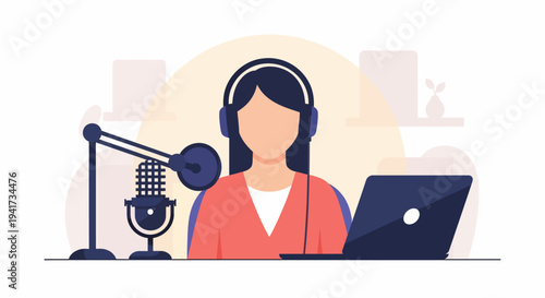Woman Recording Podcast Studio.