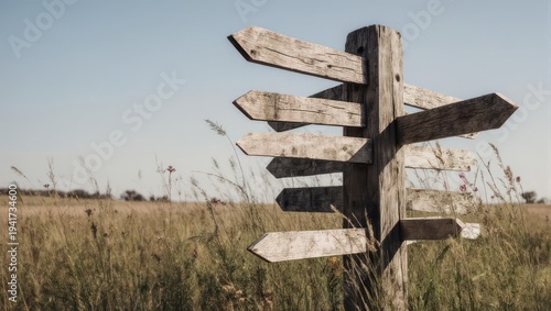 Rustic wooden signpost with multiple arrows pointing in different directions, field background