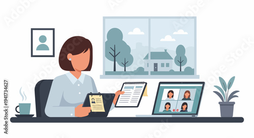Woman Working Remotely Office.