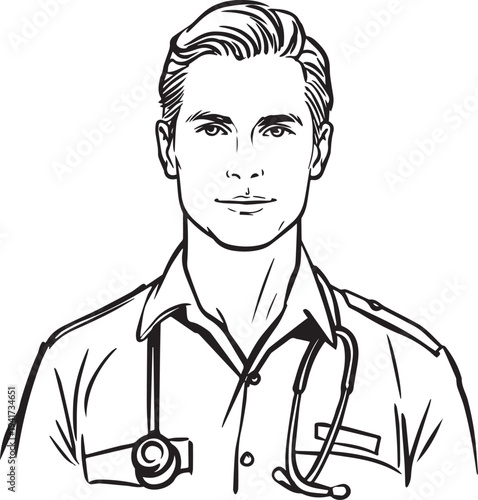 Hand Drawn Man as Nurse Black and White Avatar Illustration in Minimal Line Art Style Design