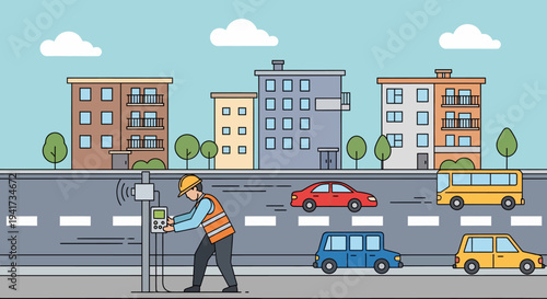 Worker Inspecting Road Sign.