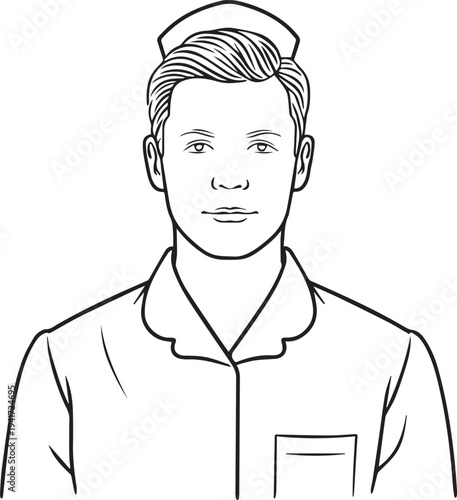Hand Drawn Man as Nurse Black and White Avatar Illustration in Minimal Line Art Style Design