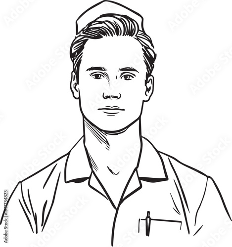 Hand Drawn Man as Nurse Black and White Avatar Illustration in Minimal Line Art Style Design