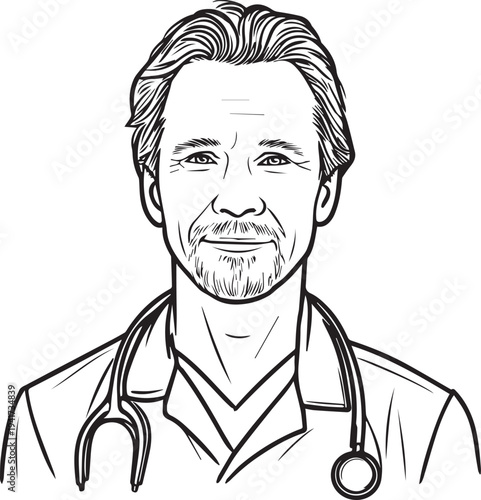 Hand Drawn Man as Nurse Black and White Avatar Illustration in Minimal Line Art Style Design