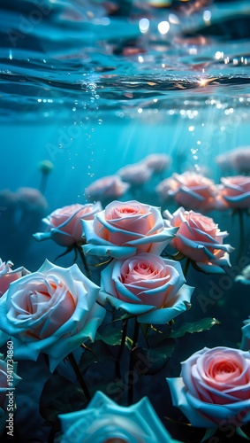 Beautiful pink roses blooming underwater with bubbles and sunlight rays shining through blue clear water creating a dreamlike surreal floral atmosphere