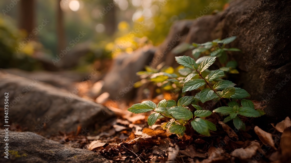Fototapeta premium Lush green plants sprout from a sun d d forest floor amidst rocks and fallen leaves