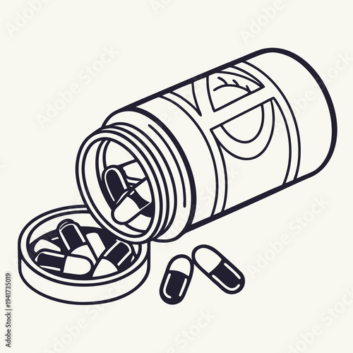Overturned pill bottle with capsules spilling out