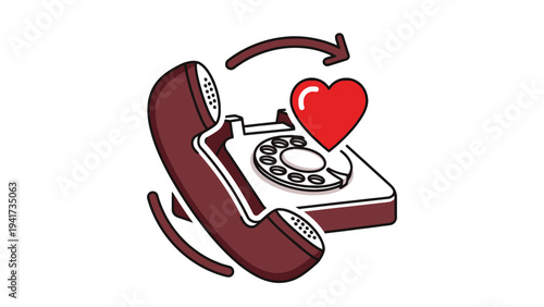 Rotating Telephone Handset with Heart Symbol, Telemedicine Communication and Cardiac Care Illustration