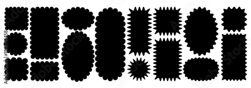 A vector set of round, oval, and rectangular tags, labels, and frames with scalloped, wavy, and jagged edges. Irregularly shaped coupons, stamp edges, and flat design elements are included