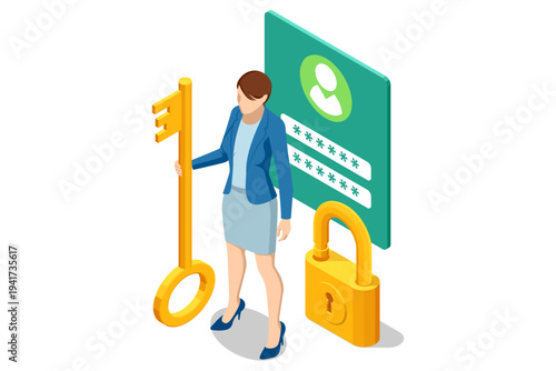 Isometric secure access with businesswoman using large key to unlock browser password page Account authorization, protected data entry, credential control, cyber security for website or online service
