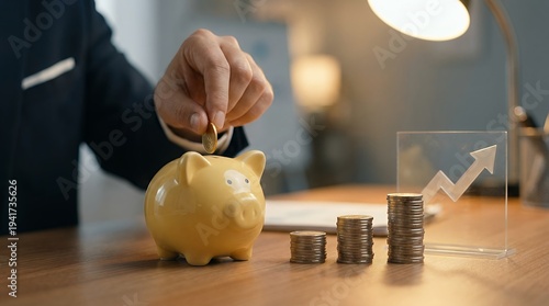Businessman deposits coin into yellow piggy bank, symbolizing savings growth, as camera slowly pans, capturing ambient office light flicker, creating a cinematic financial success narrative.
