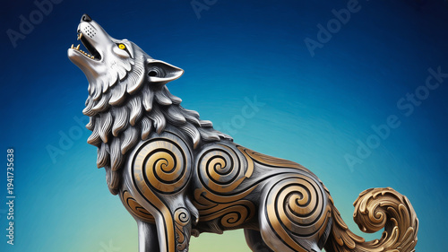Howling Spirit Wolf Statue Adorned with Celtic Swirl Patterns, a Majestic Digital Artwork Depicting Strength, Mystery, and Ancient Heritage Against a Vibrant Blue Background