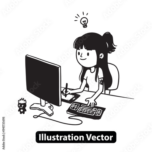 Young girl working on computer with stylus and keyboard illustration vector graphics