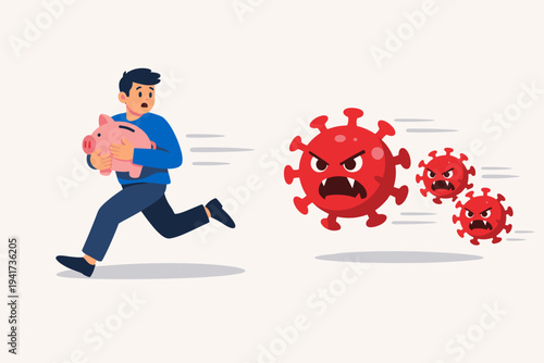 Man Running Away from COVID-19 Coronavirus Particles While Holding a Piggy Bank, Concept of Financial Crisis, Economic Impact of Pandemic, and Protecting Savings, Flat Vector Illustration