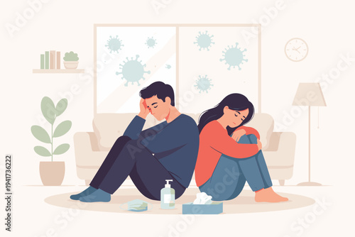 Depressed couple sitting back to back on the floor at home during COVID-19 pandemic lockdown, feeling lonely and anxious with face mask and hand sanitizer nearby, vector flat illustration.