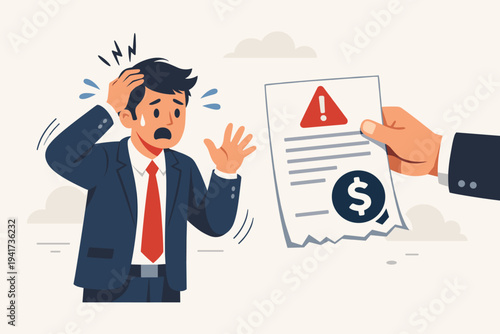 Stressed Businessman in Suit Receiving a Fine or Penalty Notice with Dollar Sign and Warning Icon, Flat Vector Illustration of Financial Debt, Tax Payment, or Unexpected Bill Anxiety and Panic