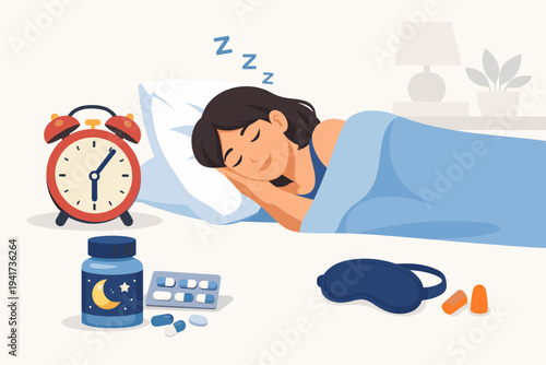 Vector Illustration of a Woman Sleeping Peacefully in Bed with Sleep Aids like Melatonin Pills, Eye Mask, Earplugs, and an Alarm Clock, Representing Healthy Sleep Habits and Insomnia Treatment.