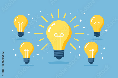 Flat vector illustration of a large glowing light bulb surrounded by smaller ones on a blue background, representing a big idea, innovation, creativity, leadership, and brainstorming concept.