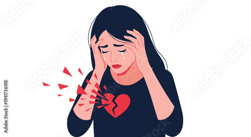 A distraught young woman cries in despair with her hands on her head as her red heart shatters into many pieces.