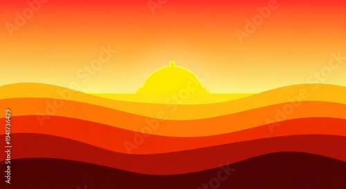 Sunset over wavy landscape with dome shaped structure