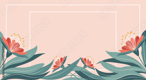 A beautiful and elegant floral background template with red flowers and green leaves bordering the top and bottom of the frame.