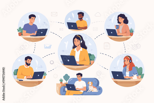 Diverse Remote Team Working from Home and Connecting Online via Digital Network, Business Professionals Using Laptops for Virtual Collaboration, Telecommuting and Global Communication Concept.