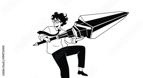 A black and white manga-style illustration of a writer or artist holding a giant pen nib like a powerful spear.