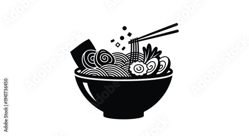 A simple black and white icon of a Japanese ramen noodle bowl with toppings and chopsticks, perfect for a logo or menu.