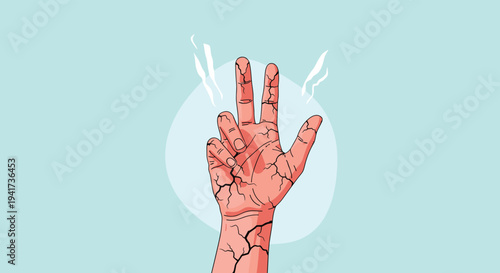 A cracked and fragile hand raised in a three-finger salute, symbolizing protest, resistance, and freedom despite hardship.