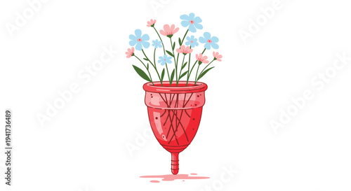 An illustration of a red menstrual cup used as a vase for a beautiful bouquet of pink and blue wildflowers.