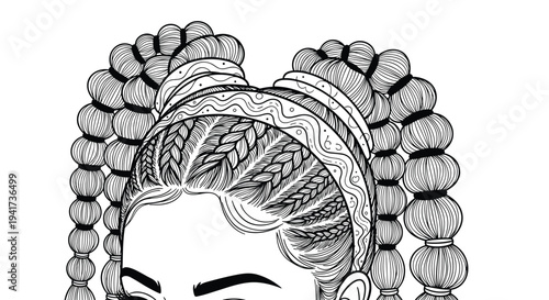 A highly detailed black and white line art illustration showcasing the top half of a woman's intricate braided hairstyle.