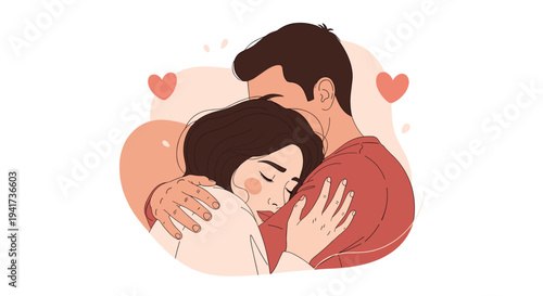 A man and a woman share a tender and loving hug with their eyes closed, surrounded by abstract shapes and hearts.