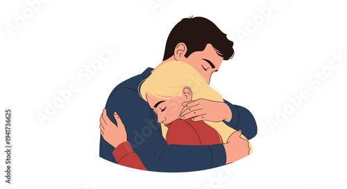 A man gently hugs a sad or tired woman from behind, offering her comfort, support, and a sense of safety and protection.