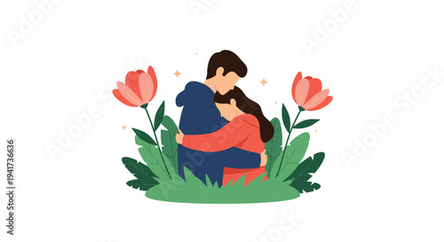 A loving young couple stands among tall flowers and green leaves, sharing a tender and comforting hug in a romantic scene.