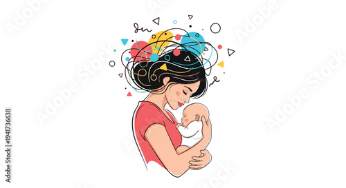 Young mother lovingly holds her sleeping baby while her hair is a tangle of chaotic thoughts, depicting postpartum anxiety.