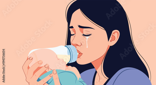 A mother cries with tears running down her face while she lovingly bottle-feeds her newborn baby, showing postpartum sadness.