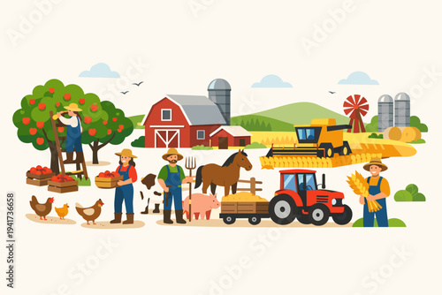 Agricultural farm vector illustration with farmers harvesting wheat and apples, featuring a red barn, windmill, tractor, combine harvester, and livestock like horses, cows, pigs, and chickens.