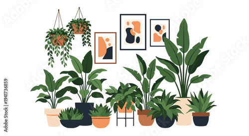 Cozy interior scene with a collection of various green houseplants in pots and abstract art, creating a beautiful urban jungle.