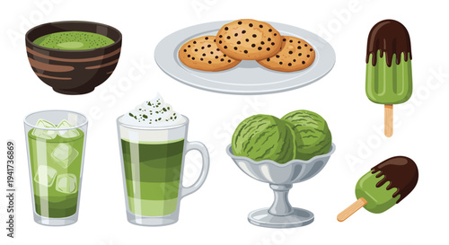 A delicious set of matcha green tea desserts and drinks including ice cream, latte, cookies, and traditional tea ceremony bowl.