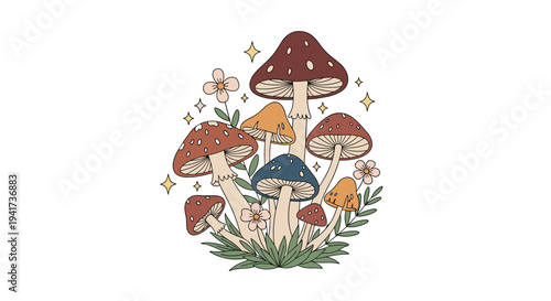 Whimsical retro illustration of a group of colorful magical mushrooms with flowers and sparkles isolated on a white background.
