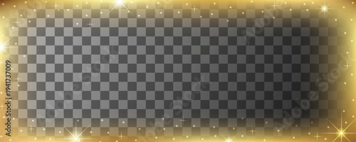 Golden horizontal gradient border overlay with sparkles. Luxury glowing holiday frame. Vector illustration