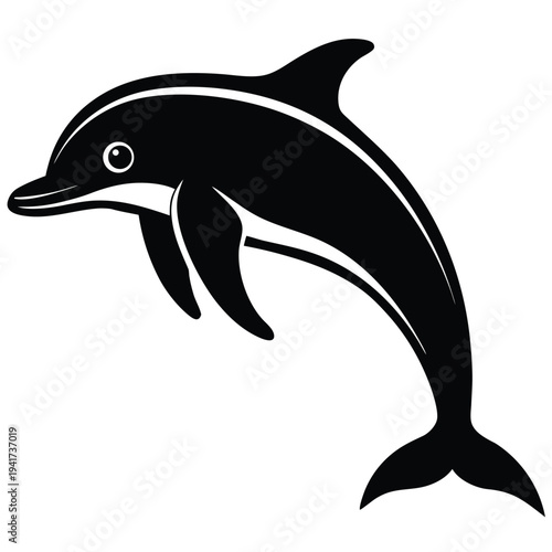 A silhouette black and white dolphin on white background