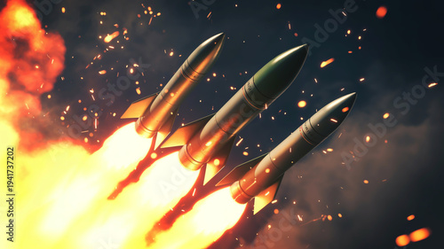 Three powerful rockets ascending into a dark, smokey sky with dramatic fiery exhaust trails, symbolizing immense force, advanced technology, and a powerful launch