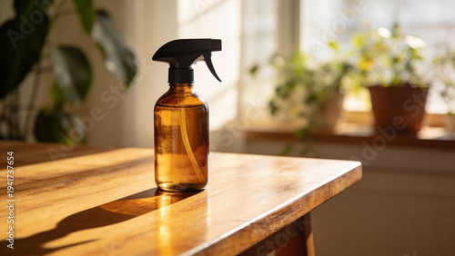 Brown glass spray bottle on wooden surface with sunlight and indoor plant background